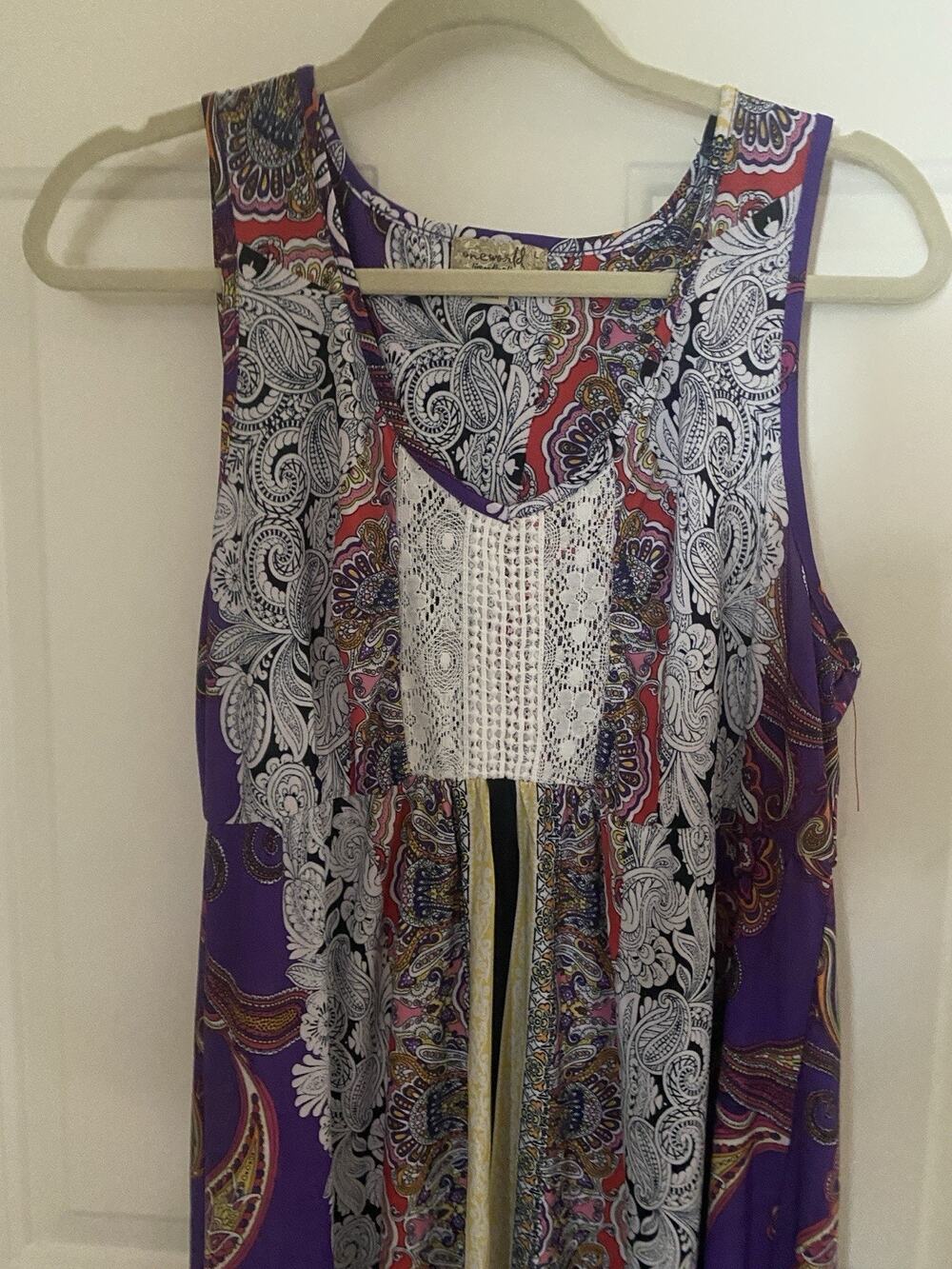 Women's One World Maxi Multi Color Maxi Boho Dress Crochet Inset Bodice Size L